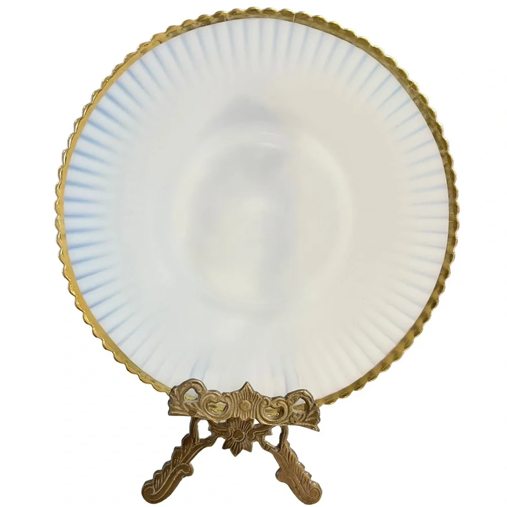 Vintage Petalware Monax Dinner Plate by MacBeth Evans, Gold Rim Opal White Glass
